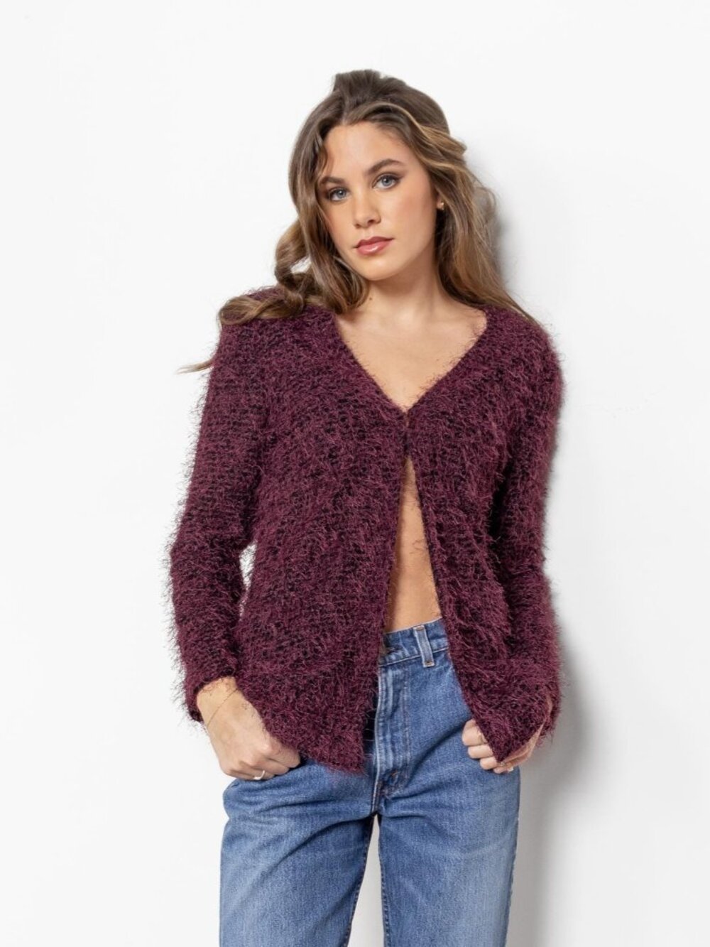 FUZZY CARDIGAN Y2K Shirt 2000's Vintage Open Front Cardi / Medium